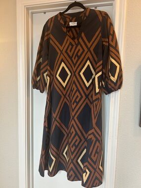 Anthropologie- Porridge Geometric Midi Dress in Brown, Black & Cream